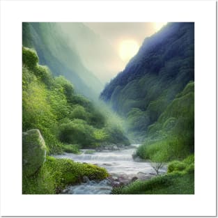 Beautiful Digital Painting With a Running River Near Mountains Posters and Art